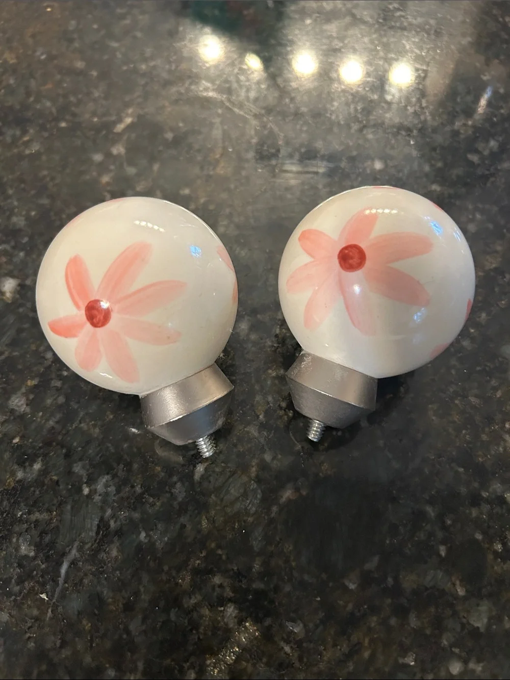 Hand-Painted Floral Ceramic Curtain Finials - Pink on White (Set of 2)